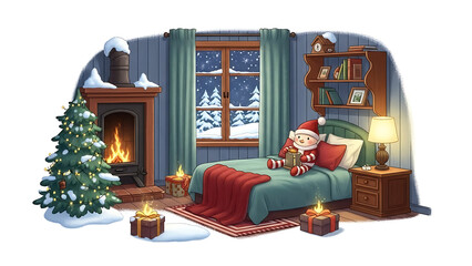 Santa Claus sleeping in cozy bedroom with Christmas tree isolated on a transparent background