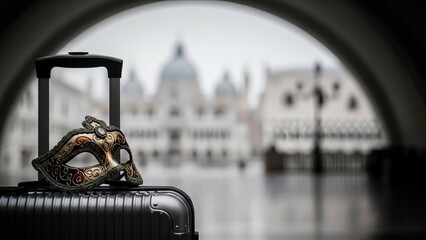 Venetian carnival mask on suitcase in city arch