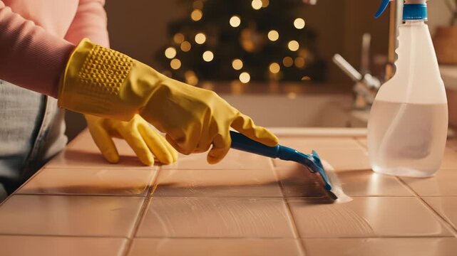 Person cleans floor tiles with squeegee and spray bottle at home. Cleaner uses gloves while cleaning tiles with squeegee. Person scrubs floor using squeegee and spray. Home cleaning with gloves.