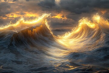 Dramatic sunset over turbulent ocean waves with bright golden highlights