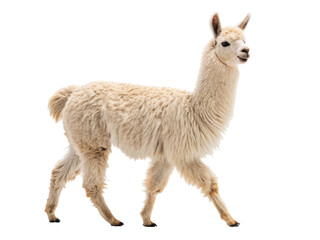 Naklejka premium A fluffy, cream-colored llama with a dense, curly fleece stands in a relaxed walking pose against a seamless white background, illuminated by soft, diffused, isolated on transparent background.