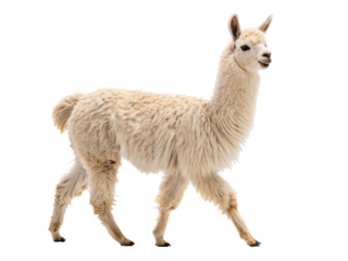 A fluffy, cream-colored llama with a dense, curly fleece stands in a relaxed walking pose against a seamless white background, illuminated by soft, diffused, isolated on transparent background.