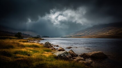 A moody, dramatic landscape featuring a lake, mountains, and a cloudy sky with sunlight piercing through