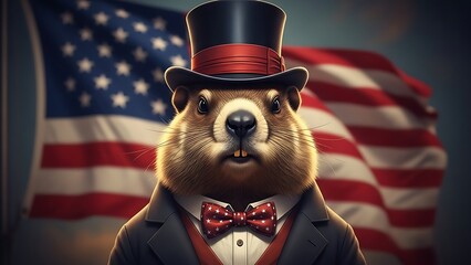 Patriotic groundhog in top hat and bow tie