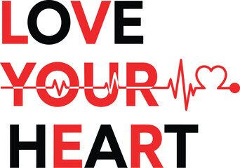 Graphic illustration of a heart with an electrocardiogram reading incorporating the phrase love your heart