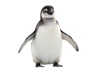 Adorable fluffy juvenile Gentoo penguin with soft downy feathers and sleek black markings, standing confidently on a snow-covered landscape under bright, isolated on transparent background.