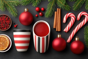 Christmas decorations with red ornaments, candy cane, and evergreen accents for festive holiday scene