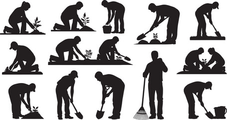 Set of people gardening silhouettes, farmers planting trees, digging soil, and working with shovels for landscape design, agriculture projects, and environmental rendering. © IKHTIARAHMED