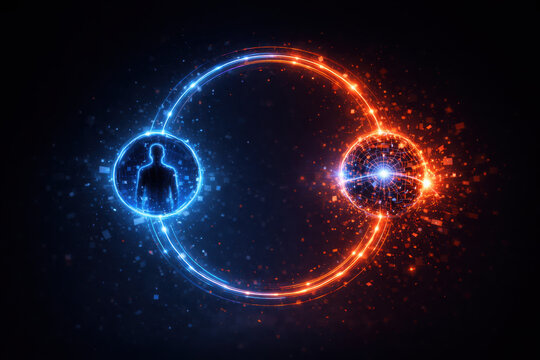 Conceptual illustration of a decision error feedback loop where a human and an artificial intelligence system reinforce each other&rsquo;s mistakes. Visual metaphor of mutual dependence, blind trust in AI