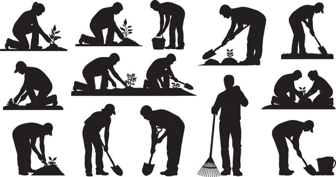 Set of people gardening silhouettes, farmers planting trees, digging soil, and working with shovels for landscape design, agriculture projects, and environmental rendering.