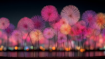 Beautiful of fire works flowers pink color tone look wonderful , fantasy background image.