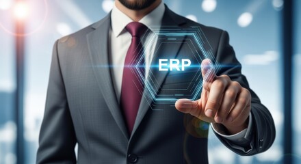 Businessman touches futuristic erp interface in a modern corporate setting