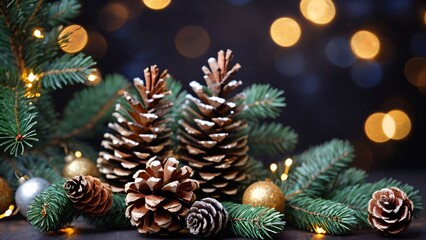 Christmas Pinecones with Lights and Bokeh