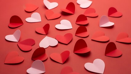 Scattered paper hearts on red background