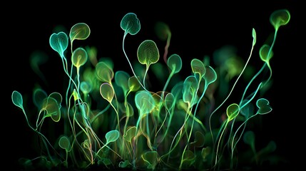 Luminous green sprouts with rounded leaves and thin stems growing in a cluster against a dark background with microscopic and glowing and bioluminescent