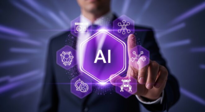 Businessman touching futuristic ai interface with digital icons on a dark background - Powered by Adobe