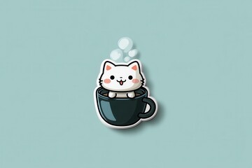 Cute cartoon cat peeking from a coffee cup in a playful illustration