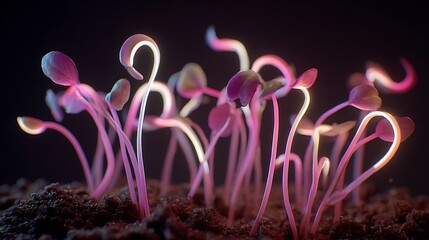 Luminous sprouts shaped like plants growing in soil with pink and purple hues under dark background with sprouting plants and germination process