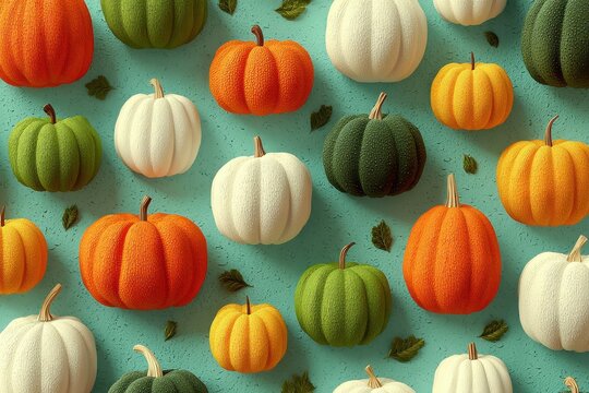 Vibrant pumpkin pattern with multicolored pumpkins on teal background for autumn decor