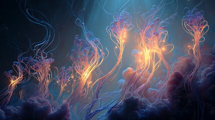 Luminous tendrils rising through dark space with glowing orange and blue lights emanating from their tips creating an ethereal atmosphere with Glowing lights