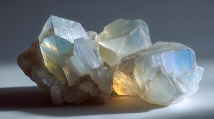 Macro photography of raw moonstone crystals with soft iridescent glow