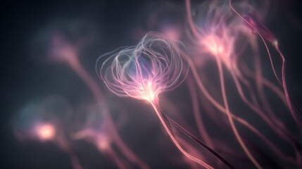 Luminous tendrils rising through dark space with glowing pink and purple hues and a sense of ethereal movement and energy with glowing pink hues