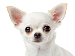 Adorable, small, and fluffy white Chihuahua with large, expressive dark eyes and pointed ears attentively gazes forward with a curious expression, captured in a, isolated on transparent background.