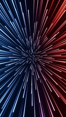 colorful light trails radiate from center in blue and red hues