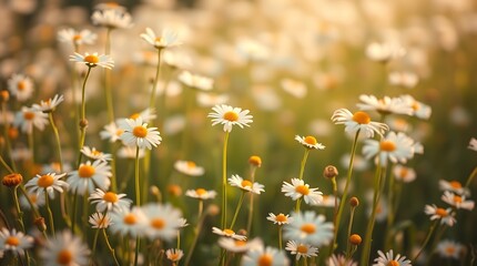 Golden Hour Daisy Meadow – Serene Field of White Daisies in Warm Sunrise Light
