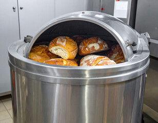 Industrial bakery scene featuring crusty artisanal bread loaves stored in a large stainless steel container. Perfect for themes of food production, fresh supply, and professional baking.