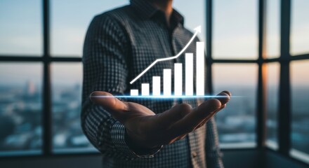Hand holding glowing bar graph visualization inside a modern high-rise office building