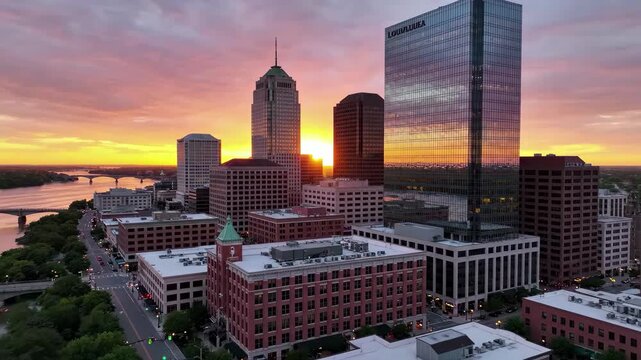 Aerial view of downtown wilmington, delaware skyline at sunset with christina river in the foreground