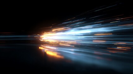 Dynamic abstract composition. Blue, orange and yellow streams of light against a black background