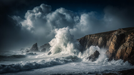 Dramatic ocean waves crashing against rugged rocky coastline