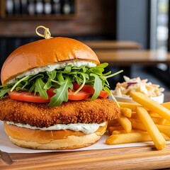 Delicious chicken sandwich with fries and coleslaw