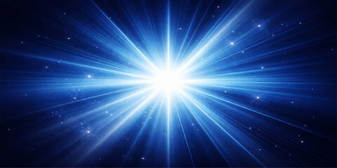 Abstract blue background with a glowing star burst of bright light energy and shining rays exploding through the cosmos design