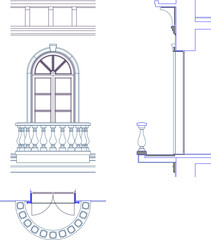 Technical vector of a classical balcony window with arched top, featuring a stone balustrade and side elevation profile.