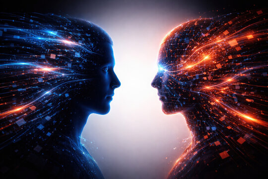 Conceptual illustration of human bias amplified by artificial intelligence, showing how pre-existing human assumptions and cognitive distortions are reinforced by AI systems