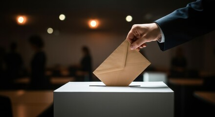 Person casting ballot into ballot box in dimly lit polling station with copyspace