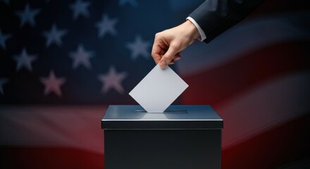 Hand placing ballot into ballot box with blurred American flag backdrop
