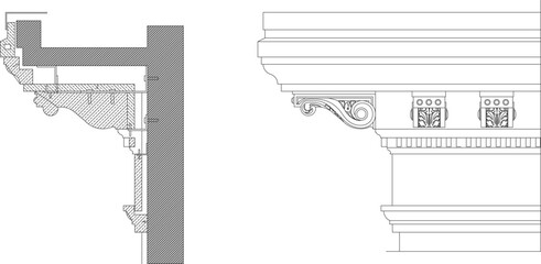 Technical vector of an architectural cornice, featuring a detailed cross-section of wall mounting and ornate front profile. © Riki