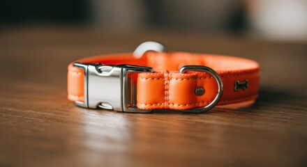 Orange dog collar on wooden surface with metal buckle and D-ring for pets