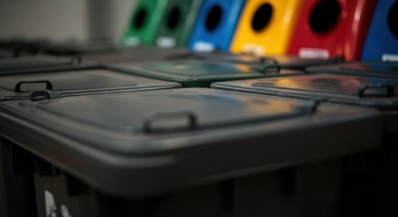 Recycling bins with colorful lids lined up for organized waste sorting