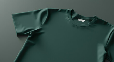 Green t-shirt mockup with blank neck label and soft fabric texture on backdrop