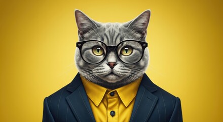 Cat wearing glasses and a navy suit with a yellow shirt against yellow