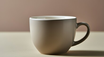 Neutral ceramic mug on table with soft muted background and calm atmosphere