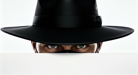 Man wearing black fedora hat peeks over blank white banner with intense eyes