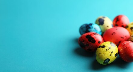 Quail eggs with colorful speckles arranged on turquoise background and copyspace