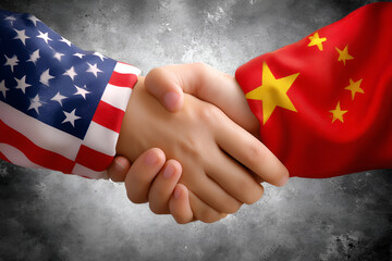 Diplomatic collaboration concept featuring handshake with american and chinese flags