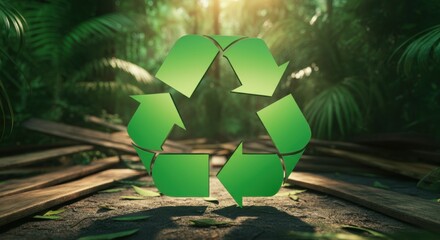 Recycling symbol on forest floor surrounded by tropical foliage and light rays